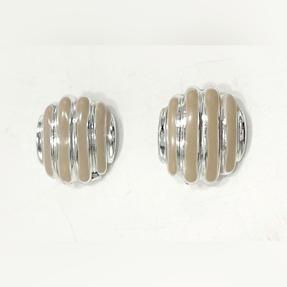 3/$18 Vintage Clip-On Earrings Round Silver Tone Taupe Stripes Ribbed